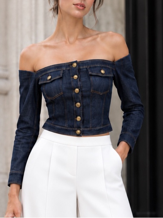 cinq a sept Tops - Cinq a Sept Stretch Denim Off The Shoulder Crop Top Excellent XS